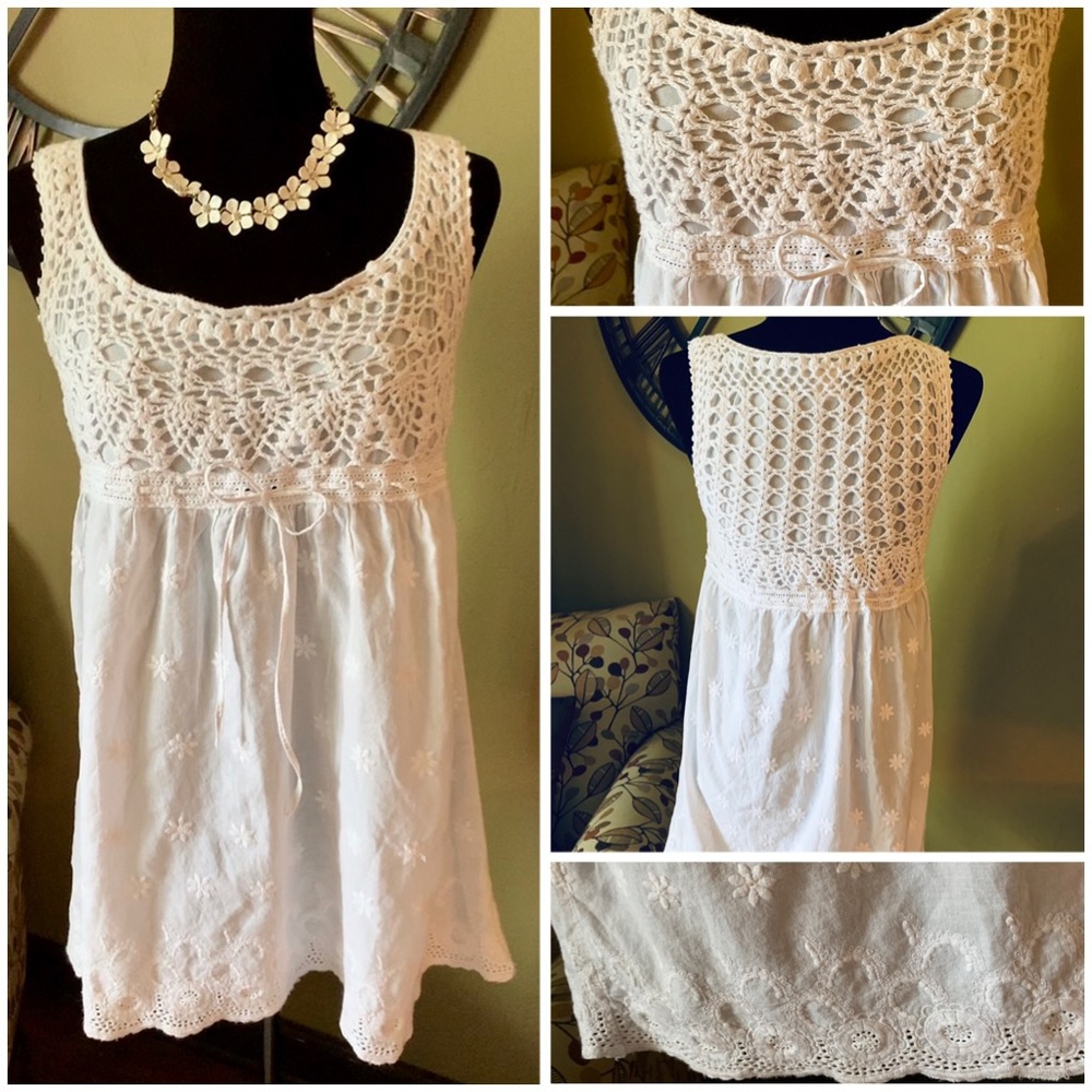 White linen crochet A-line tank top tunic